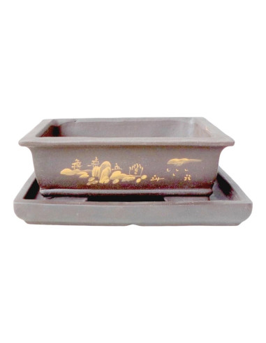 Vaso di Bonsai Rettangolare con Bordo + Piattino 24,5*17,5*7,5 cm Senza Smalto - Yixing