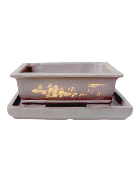 Vaso di Bonsai Rettangolare con Bordo + Piattino 24,5*17,5*7,5 cm Senza Smalto - Yixing