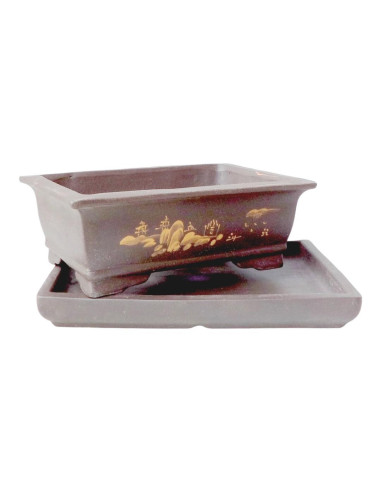 Vaso di Bonsai Rettangolare con Bordo + Piattino 24,5*17,5*7,5 cm Senza Smalto - Yixing