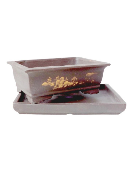 Vaso di Bonsai Rettangolare con Bordo + Piattino 24,5*17,5*7,5 cm Senza Smalto - Yixing