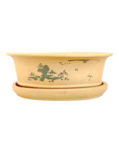 Ovaler Bonsai-Topf + Untersetzer 29,5*21*10 cm mit Mustern ohne Glasur - Yixing