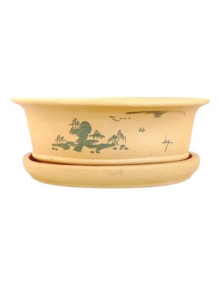 Vaso de Bonsai Oval+ Prato 29,5*21*10 cm c/ Desenhos Sem Esmalte - Yixing