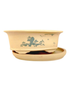 Oval Bonsai Pot + Saucer 29.5*21*10 cm with Designs Without Glaze - Yixing 2
