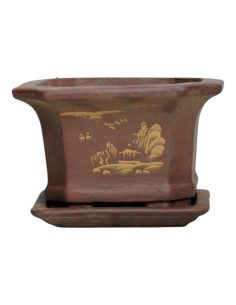 Vaso di Bonsai Cascata Quadrato + Piatto 14,5*14,5*9 cm Senza Smalto - Yixing