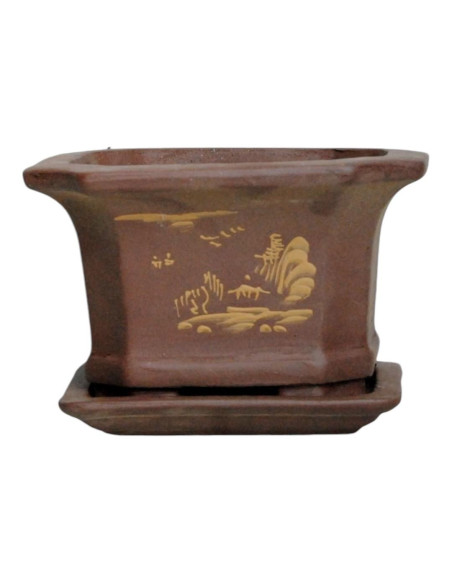 Vaso de Bonsai Cascata Quadrada + Prato 14,5*14,5*9 cm Sem Esmalte - Yixing