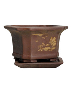 Vaso di Bonsai Cascata Quadrato + Piatto 14,5*14,5*9 cm Senza Smalto - Yixing 2