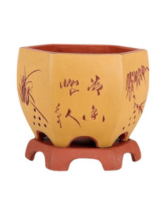 Maceta de Bonsái Cascada + Plato 18*18*15 cm con Dibujos Sin Esmalte - Yixing