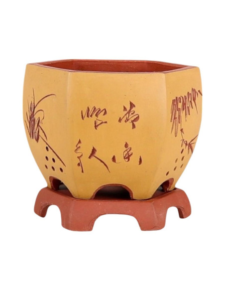 Vaso de Bonsai Cascata + Prato 18*18*15 cm c/ Desenhos Sem Esmalte - Yixing