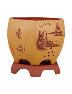 Bonsai-Kaskadenschale + Untersetzer 18*18*15 cm mit Zeichnungen ohne Glasur - Yixing 2