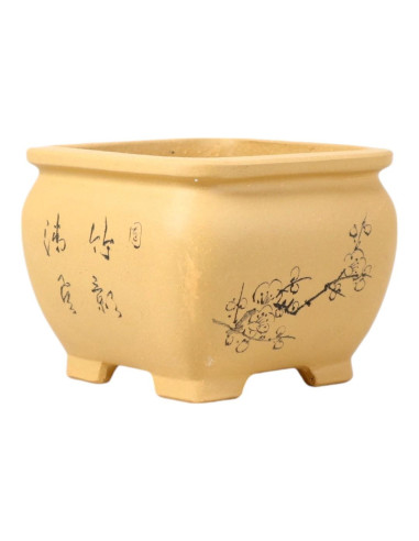Quadratischer Bonsai-Topf 11*9 cm mit Zeichnungen, unglasiert – Yixing