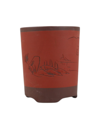 Krug ohne Loch 14,5*18 cm mit roten Mustern ohne Glasur - Yixing